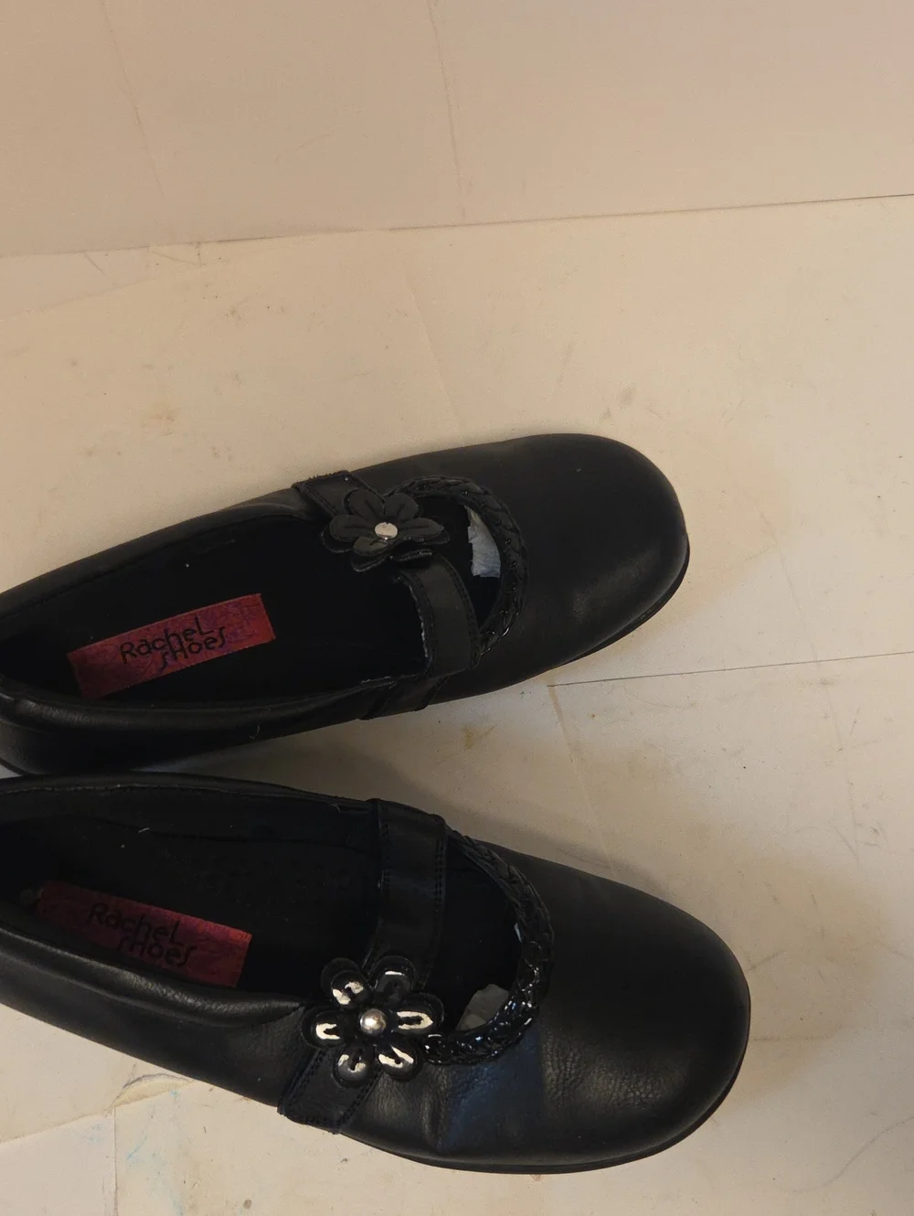 Rachel Shoes Black Mary Jane Flats with Braided Strap & Flower